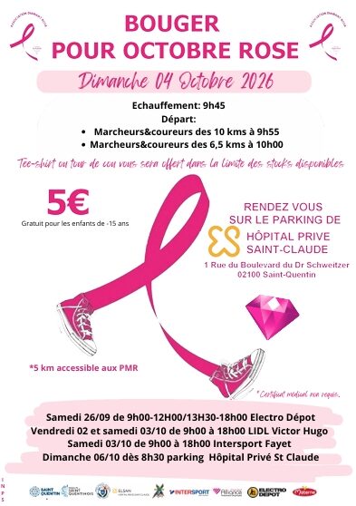 Affiche d'invitation à la marche pour Octobre Rose animée par l'association diamant Rose à Saint-Quentin. Lutte contre le cancer